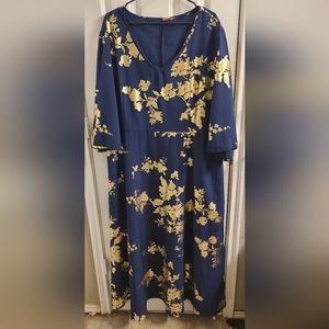 Shein Long-sleeved Midi Gold Foil Dress